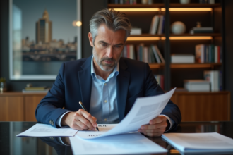 Homme en blazer bleu examinant documents d'investissement