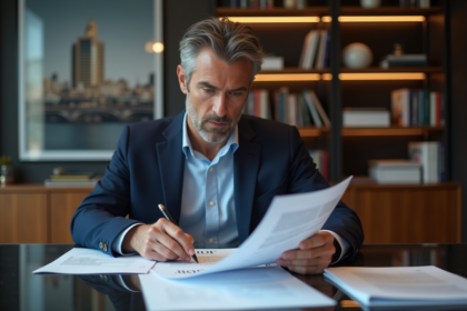 Homme en blazer bleu examinant documents d'investissement