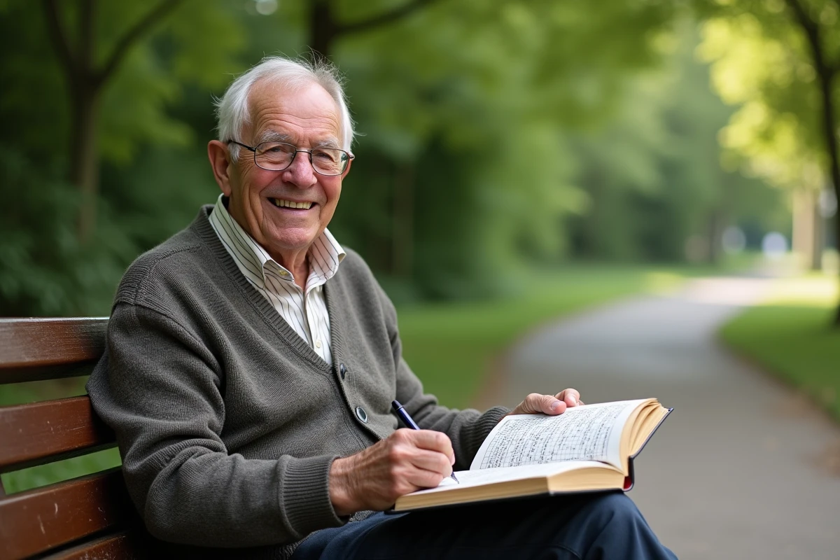 Homme âgé lisant un puzzle dans un parc en plein air