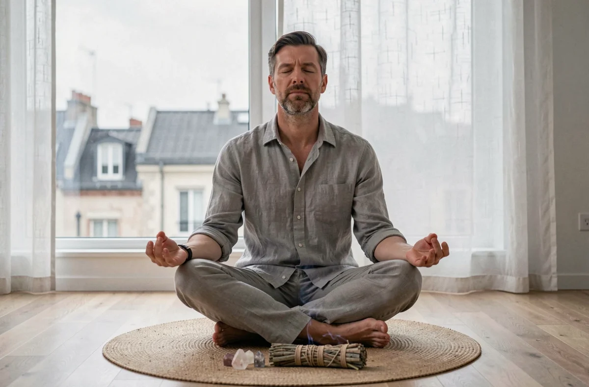 Homme méditant sereinement entouré de cristaux et de sauge, symbolisant la protection spirituelle et la réaction apaisée face aux mauvaises énergies