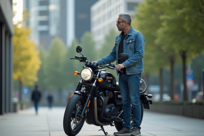 Homme d'âge moyen à côté d'une moto Dax en ville