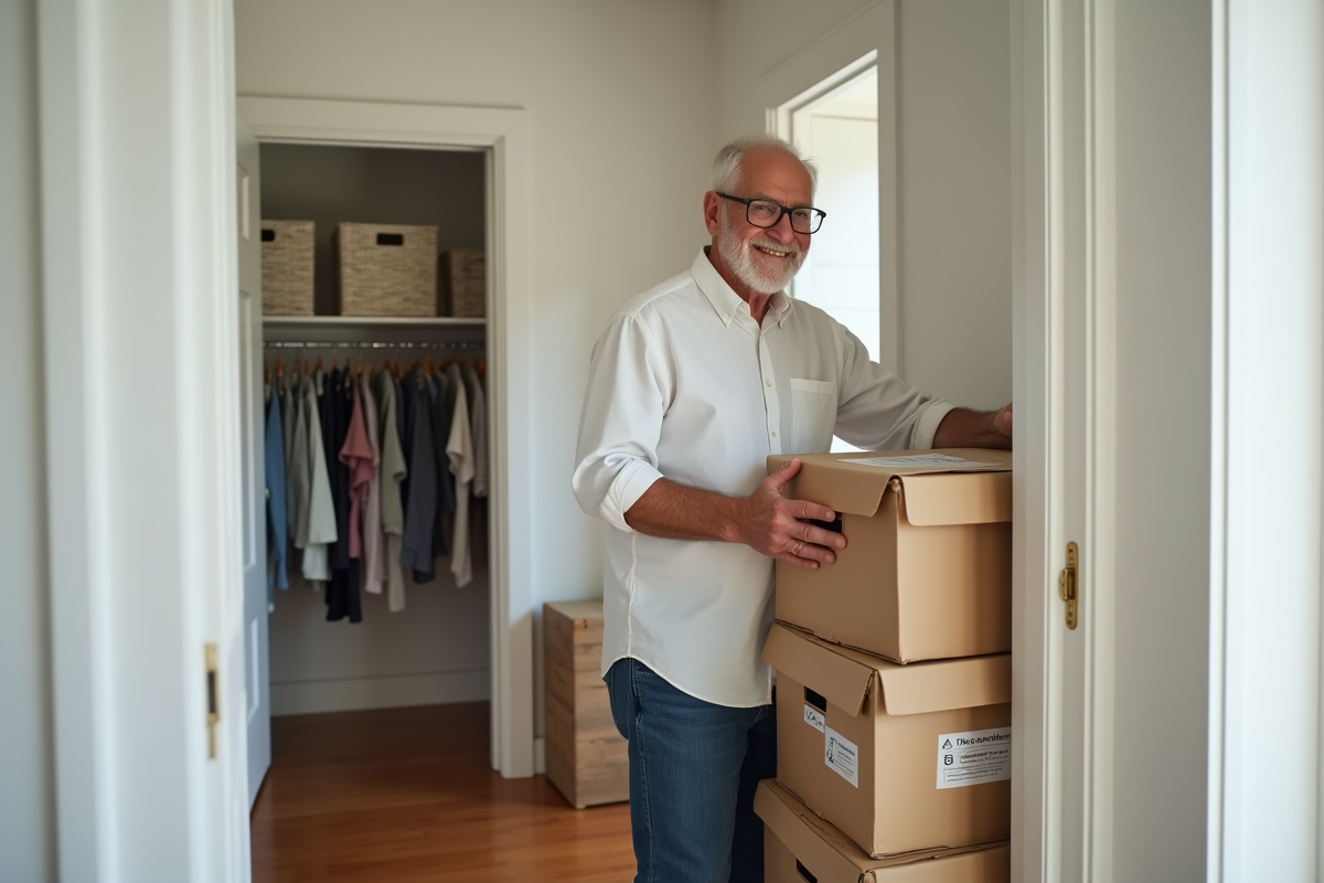 Homme âgé organise des boîtes dans un placard propre
