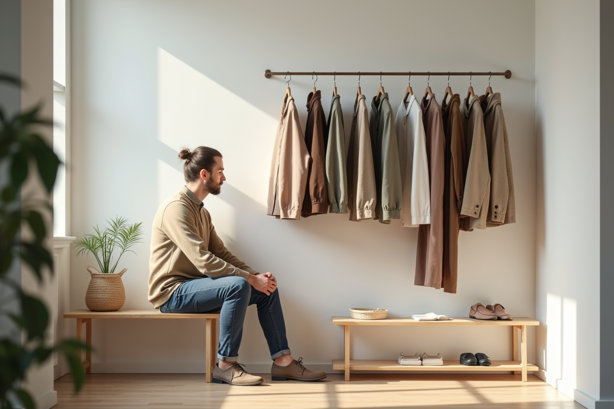 Homme arrangeant ses vêtements dans un vestiaire lumineux