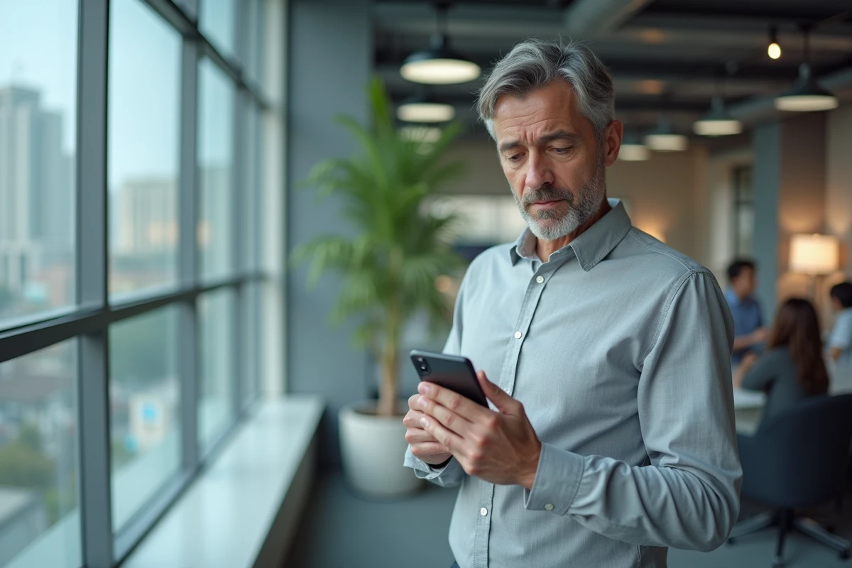 Homme cherchant un numéro de portable sur son téléphone dans un bureau moderne