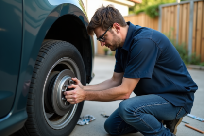 Homme d'âge moyen installe un disque de frein en extérieur