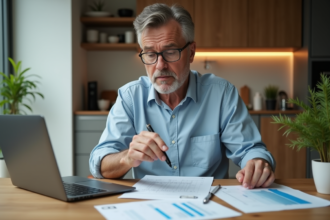 Homme d'âge moyen analysant ses revenus locatifs à la maison
