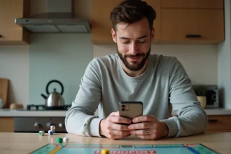 Homme en cuisine regardant son smartphone avec jeu de Monopoly