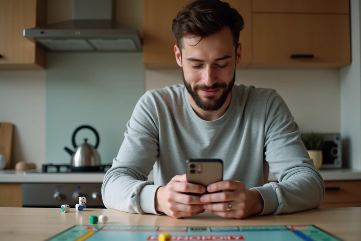 Homme en cuisine regardant son smartphone avec jeu de Monopoly