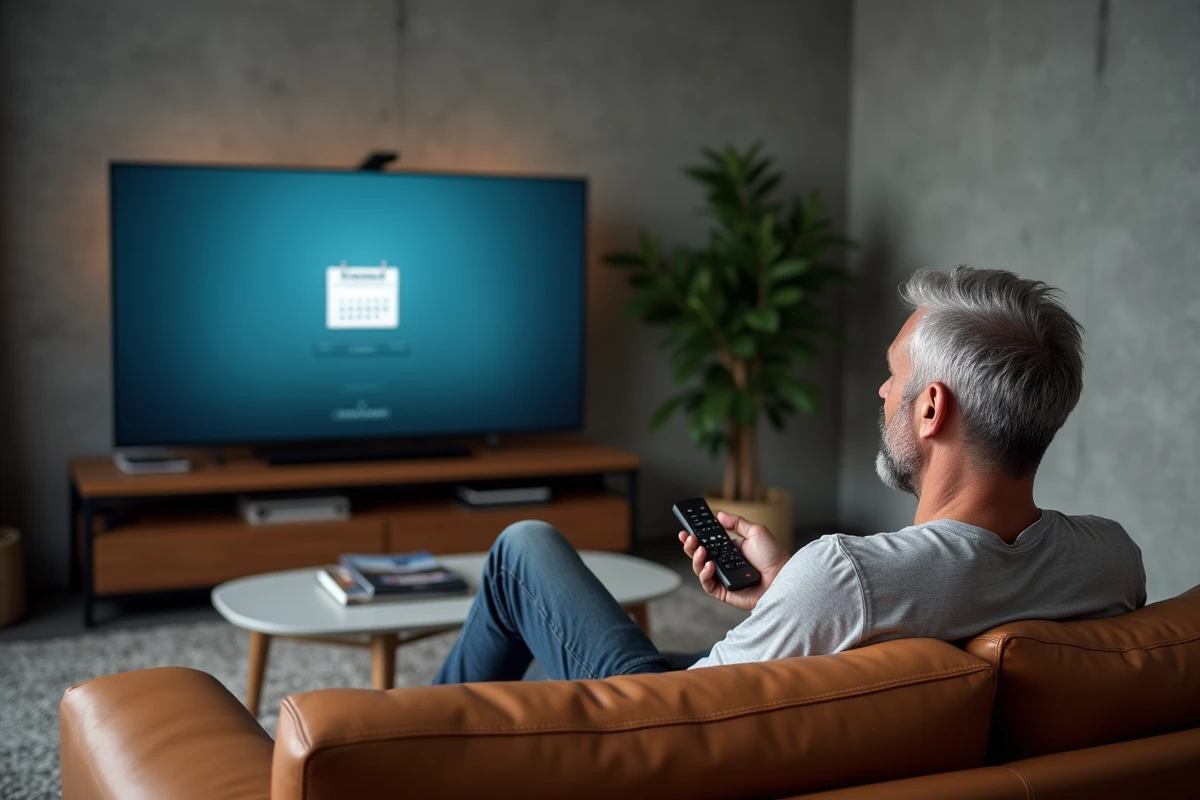 Homme regardant la nouvelle interface du site de streaming cinéma 1jour1film sur un téléviseur moderne