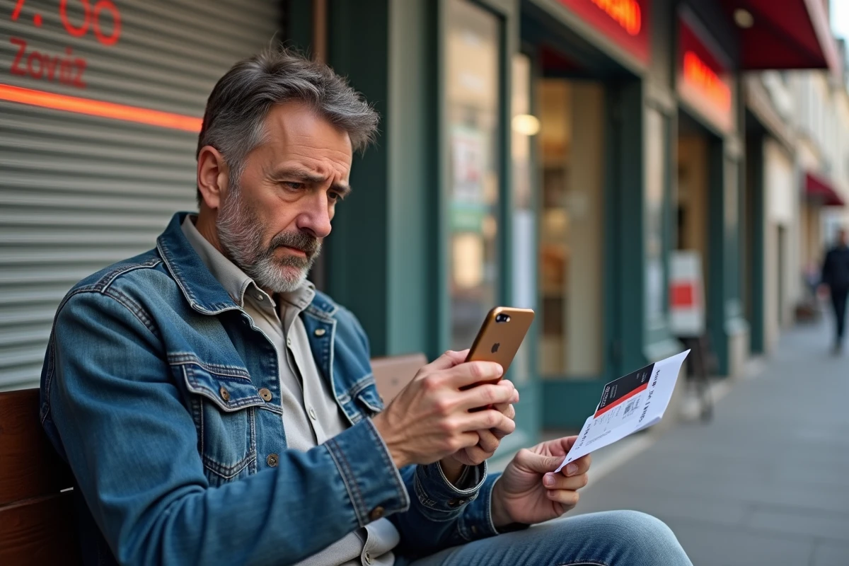 Homme consultant son téléphone assis devant un relais colis fermé en tenant un avis de passage Colissimo