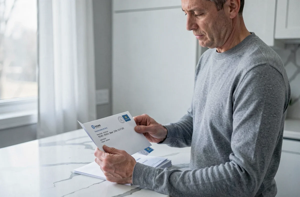 Homme tenant une enveloppe de courrier officiel avec une étiquette d'adresse postale imprimée, debout dans une cuisine moderne contemporaine