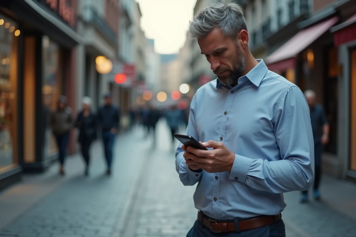 Homme réfléchi sur le trottoir urbain regardant sa montre
