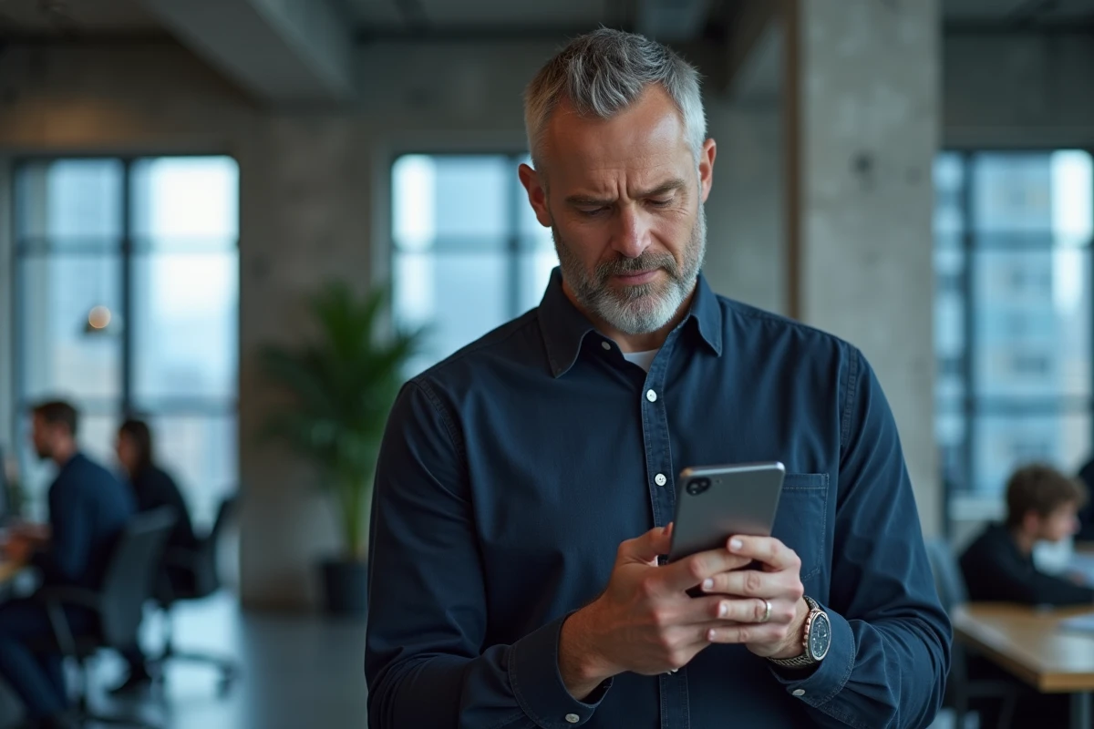 Homme en bureau vérifiant un lien suspect sur smartphone pour éviter un site miroir dangereux
