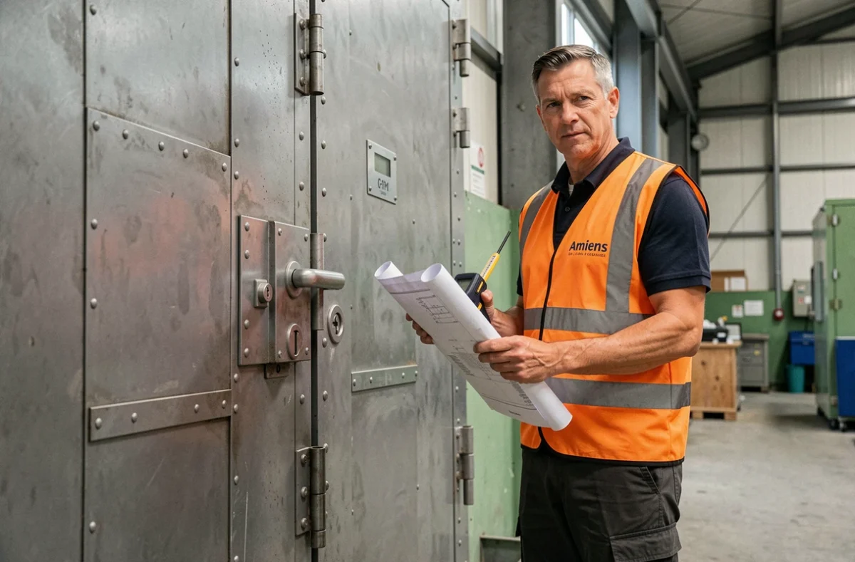 Technicien de H.P. Industrie devant une porte sécurisée industrielle à Amiens