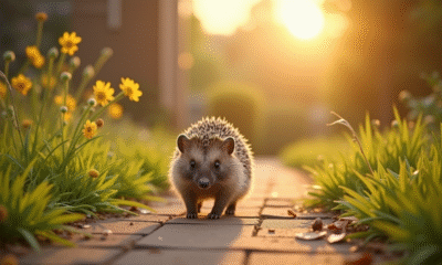 Hérisson sauvage traversant un chemin de jardin au matin