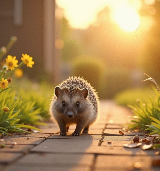 Hérisson sauvage traversant un chemin de jardin au matin