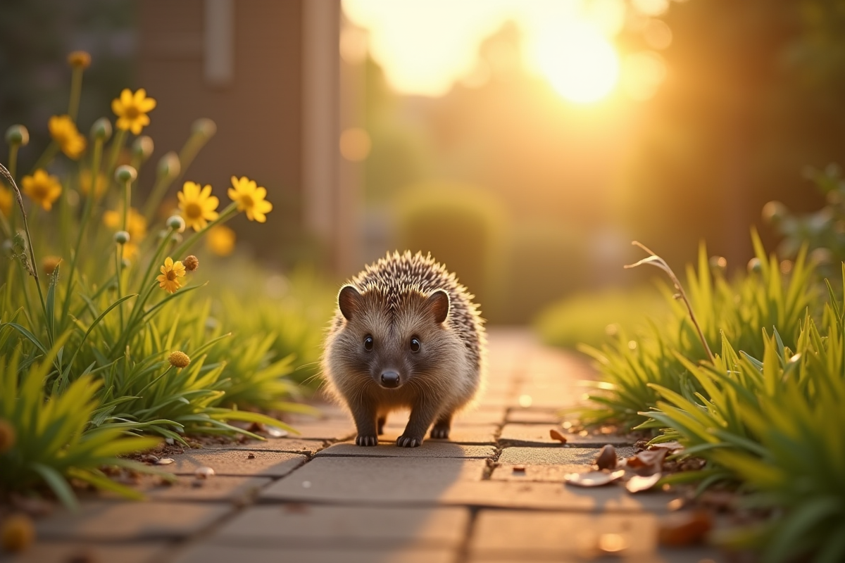 Hérisson sauvage traversant un chemin de jardin au matin