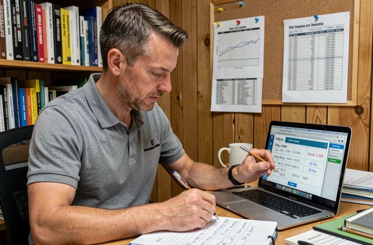 Ingénieur à son bureau comparant des tables de conversion de cm3 en litres sur ordinateur portable avec des notes manuscrites