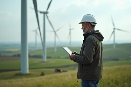 Ingénieur homme à l'extérieur près d'une éolienne