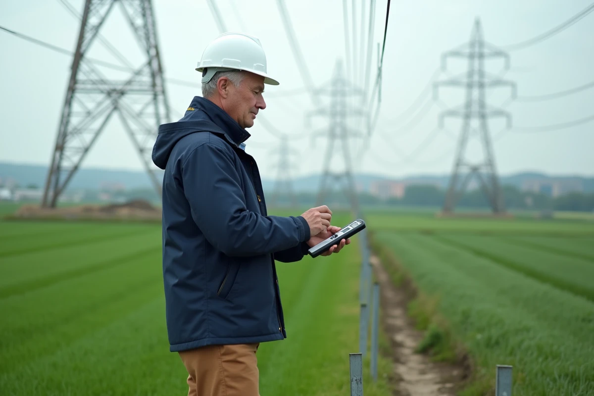 Ingénieur homme utilisant un calculateur de champ magnétique en extérieur
