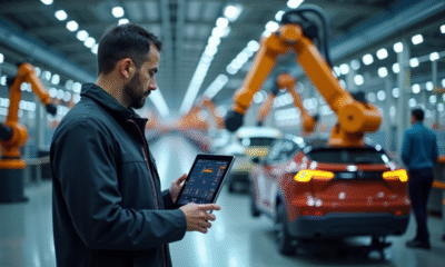 Ingénieur utilisant une tablette dans une usine moderne de voitures électriques