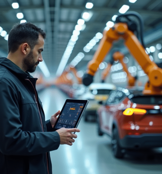 Ingénieur utilisant une tablette dans une usine moderne de voitures électriques