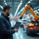 Ingénieur utilisant une tablette dans une usine moderne de voitures électriques