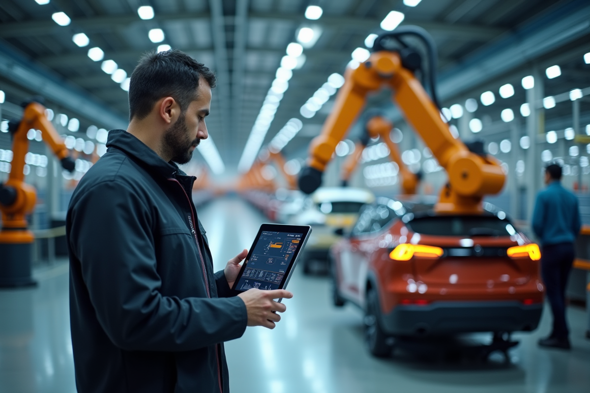 Ingénieur utilisant une tablette dans une usine moderne de voitures électriques