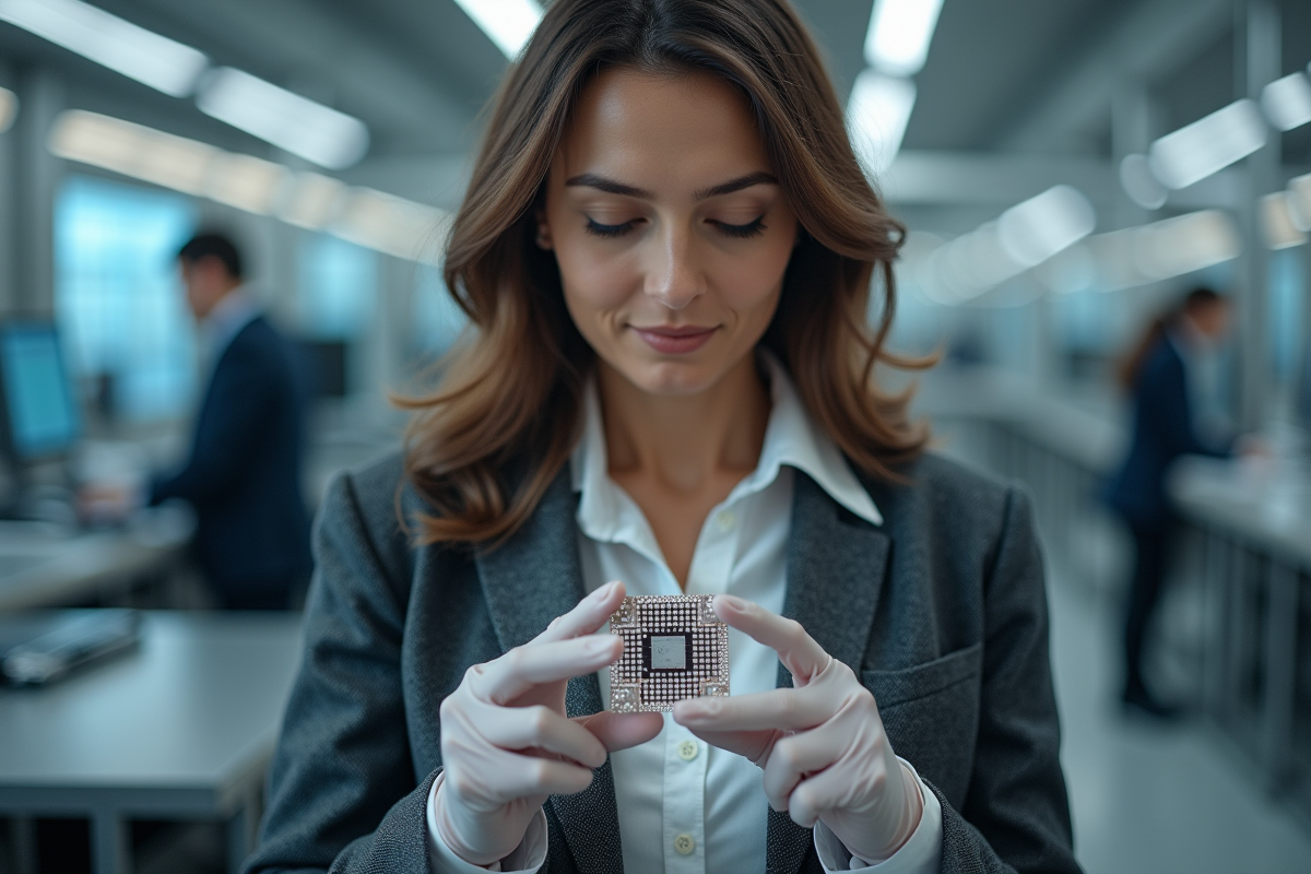 Ingénieure inspectant un processeur quantique en salle blanche