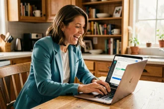 Femme remplissant un formulaire d'inscription en ligne pour La Roue de la Fortune sur son ordinateur portable à la maison