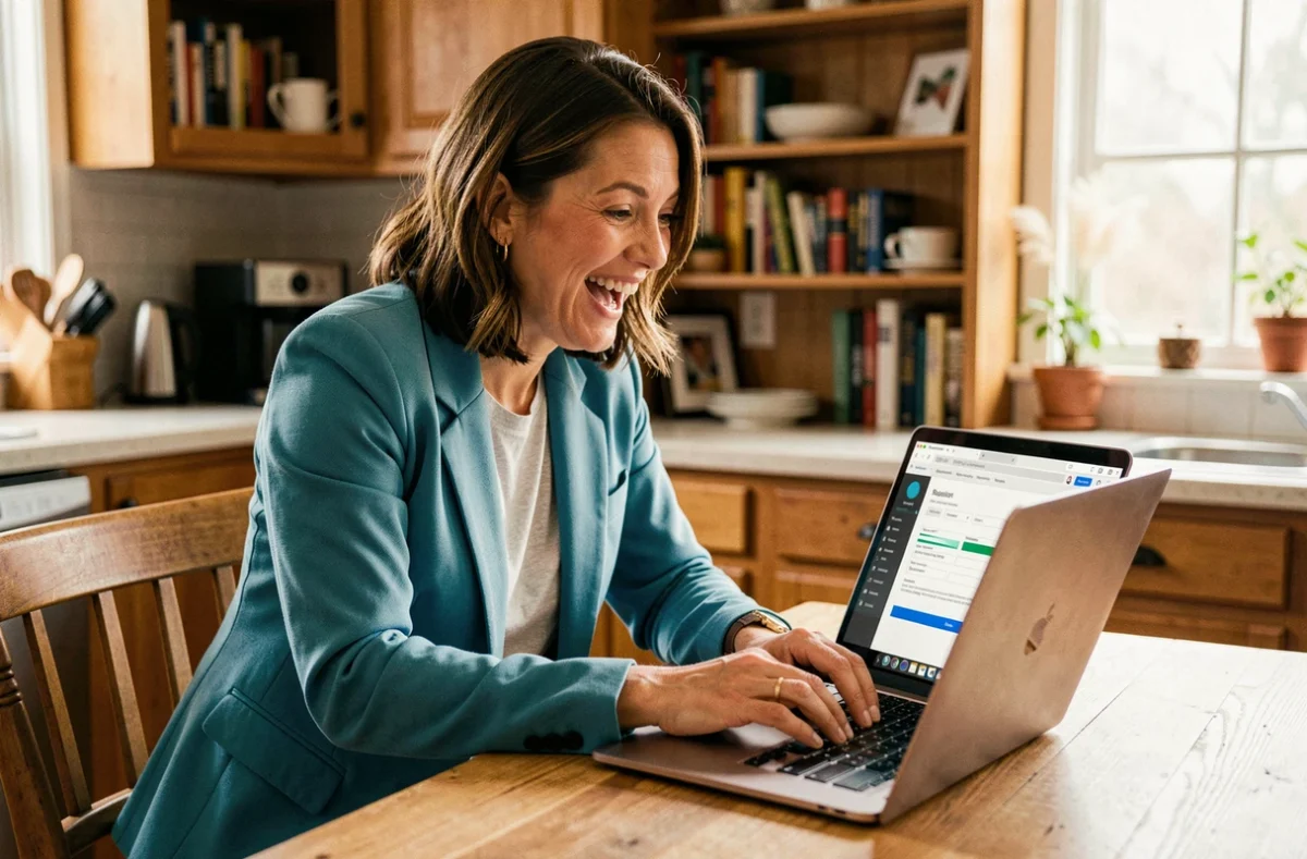 Femme remplissant un formulaire d'inscription en ligne pour La Roue de la Fortune sur son ordinateur portable à la maison