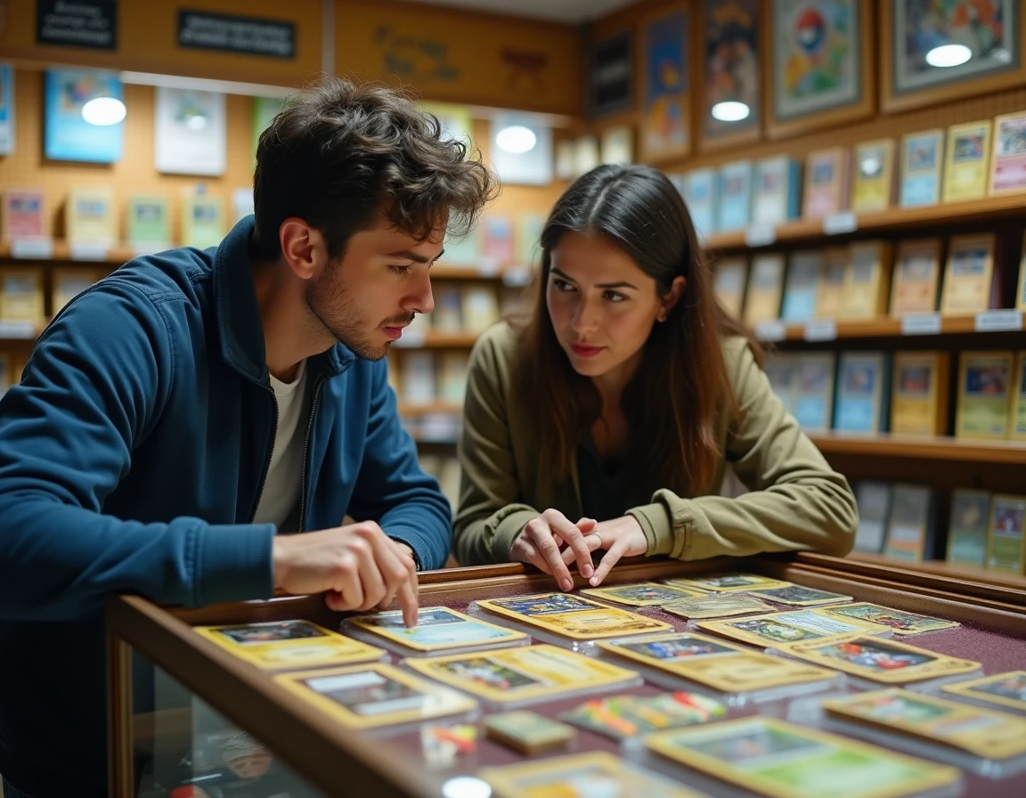 Deux collectionneurs inspectant des cartes Pokémon gradées dans une boutique spécialisée