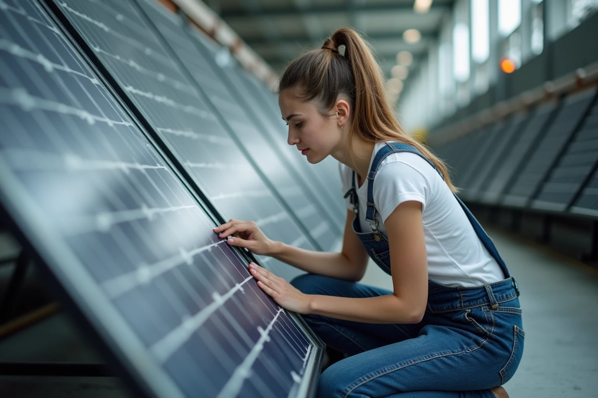 Jeune femme inspectant un panneau solaire en intérieur