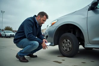 Acheteur inspectant une voiture d'occasion pour détecter des vices cachés avant achat