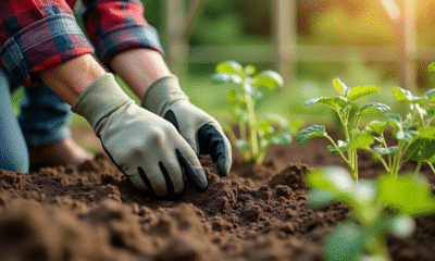 Jardinier inspectant un sol sec dans un jardin avec plantes fanées