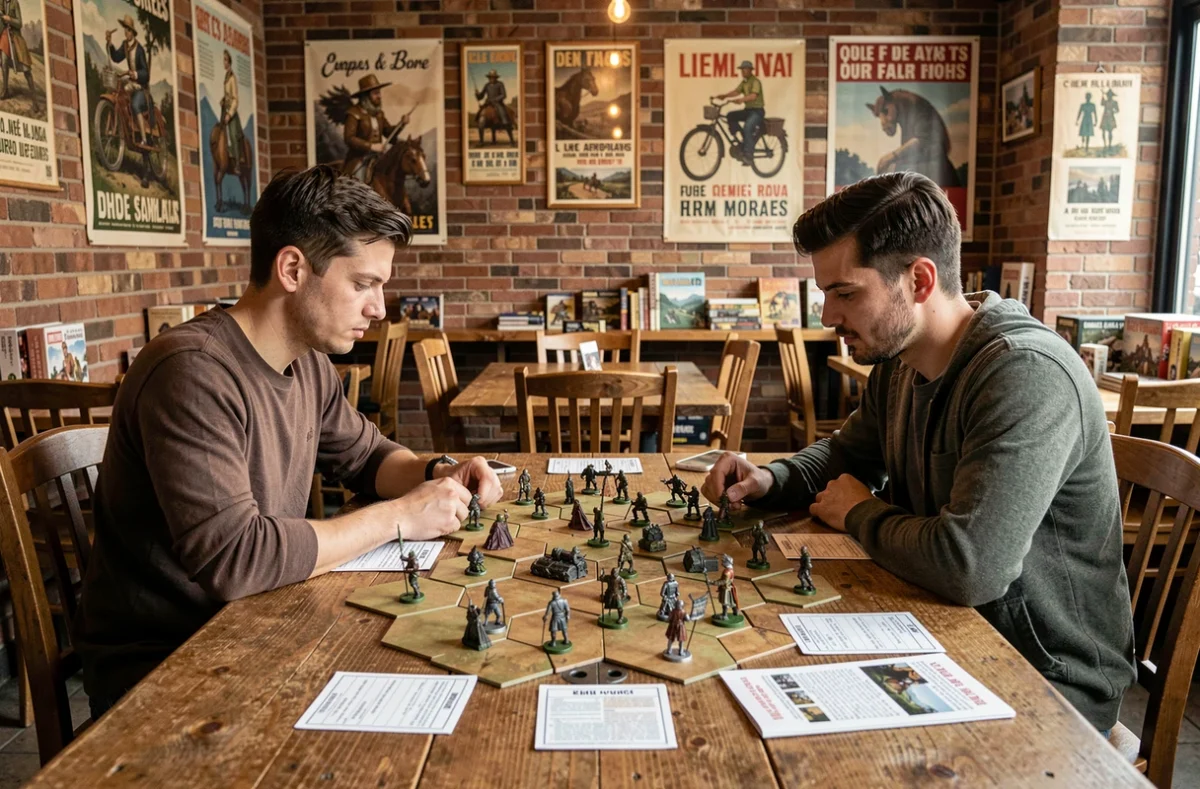 Deux joueurs adultes faisant une partie de jeu de guerre sur table avec des figurines et des règles en français dans un café de jeux