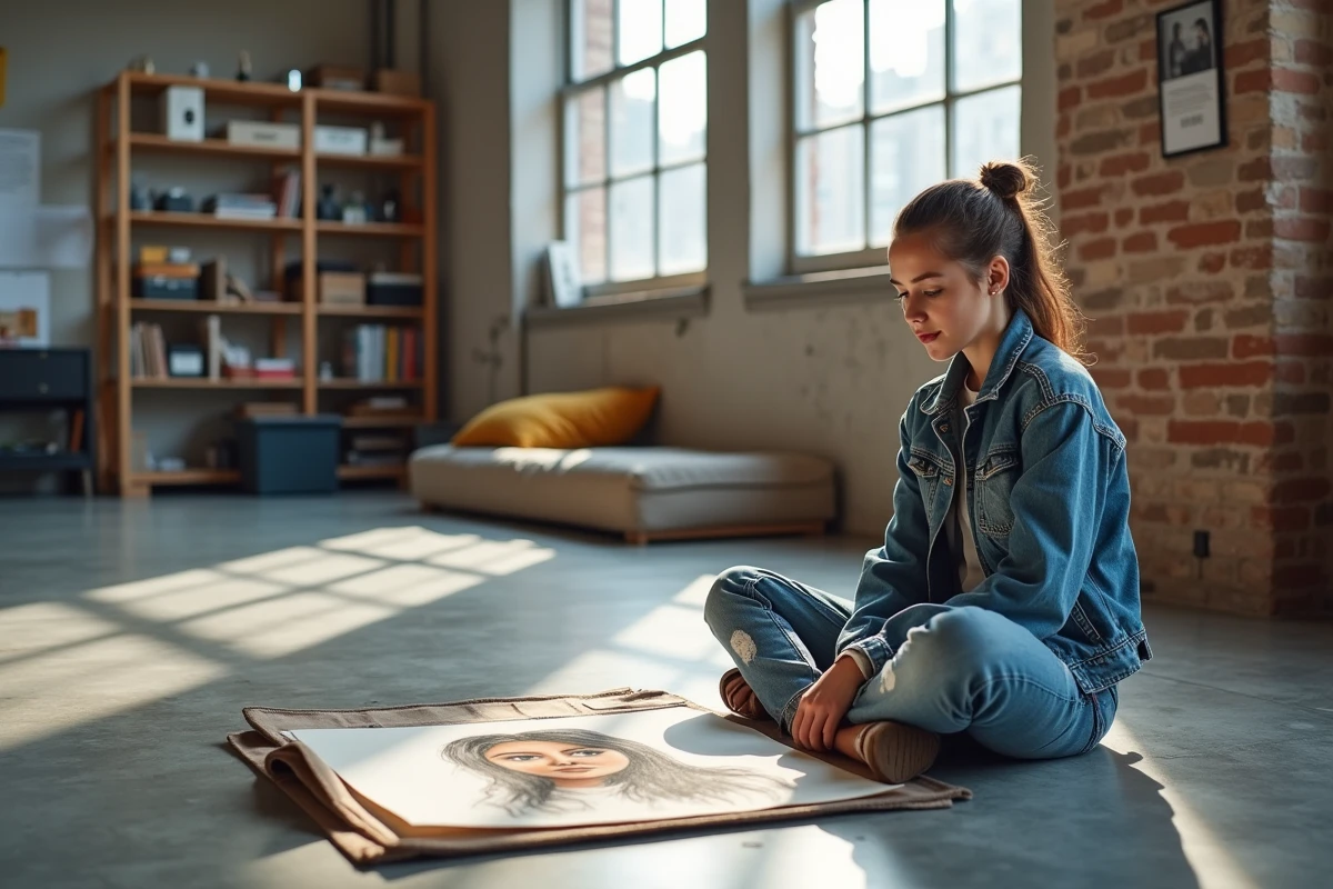 Jeune artiste féminine dans un loft moderne en train d
