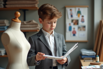 Jeune garçon styliste en atelier avec croquis et tissus