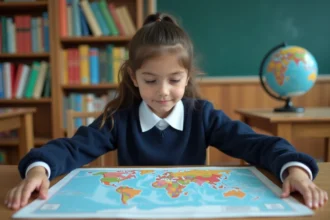 Jeune élève regardant une carte du monde à l'école