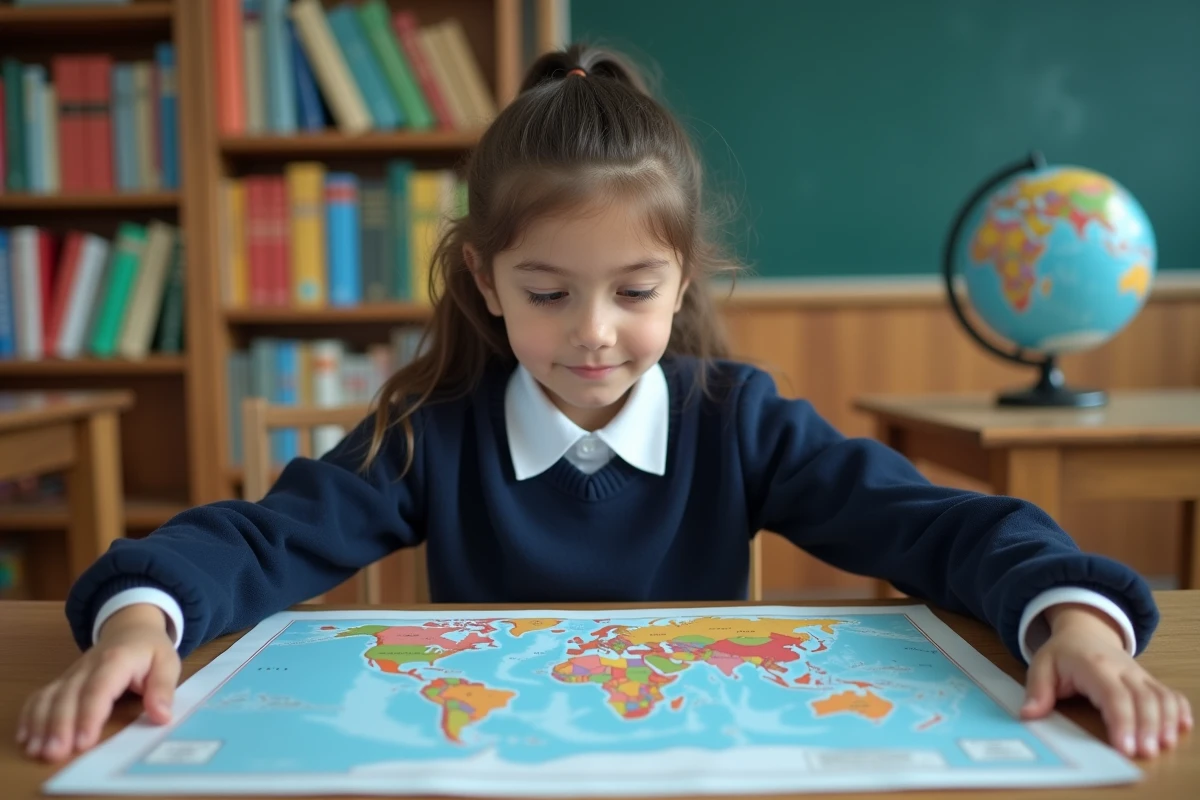Jeune élève regardant une carte du monde à l'école