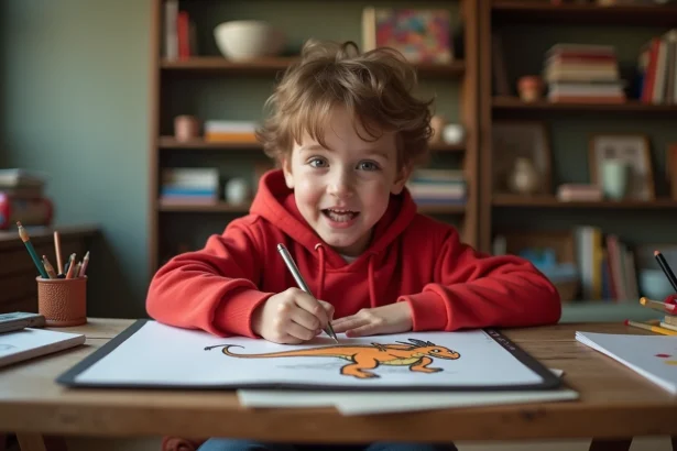 Enfant en hoodie rouge dessinant un dracaufeu en vol