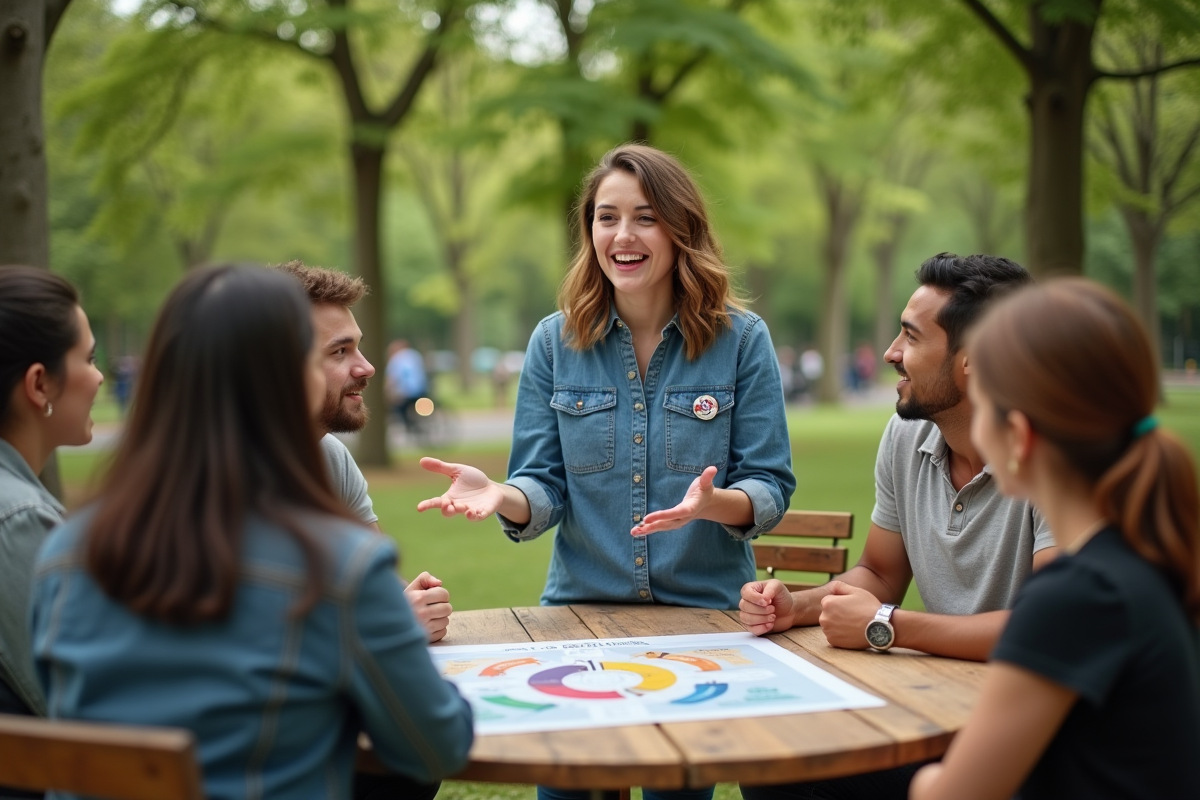 Jeune femme environnementaliste parlant dans un parc vert