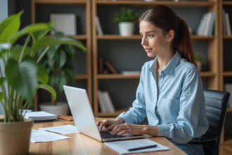 Jeune femme travaillant sur un ordinateur portable dans un bureau cosy