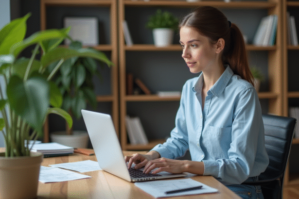 Jeune femme travaillant sur un ordinateur portable dans un bureau cosy