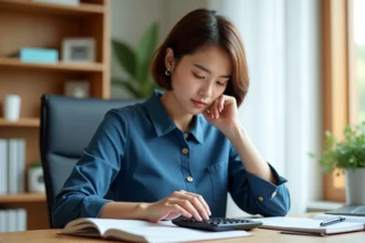 Jeune femme avec calculatrice dans un bureau lumineux