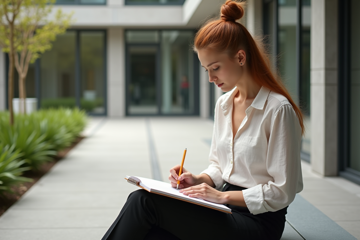 Jeune femme dessinant dans une cour lumineuse