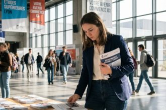 Jeune femme concentrée lors d'un salon étudiant à Lyon