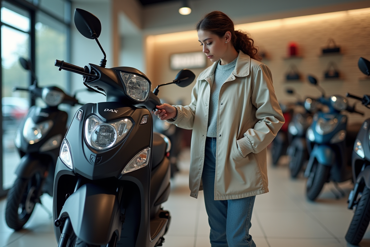 Jeune femme examinant une moto Dax en showroom