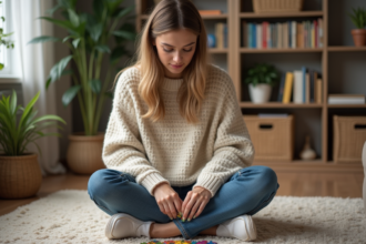 Jeune femme en sweater assemble un puzzle coloré