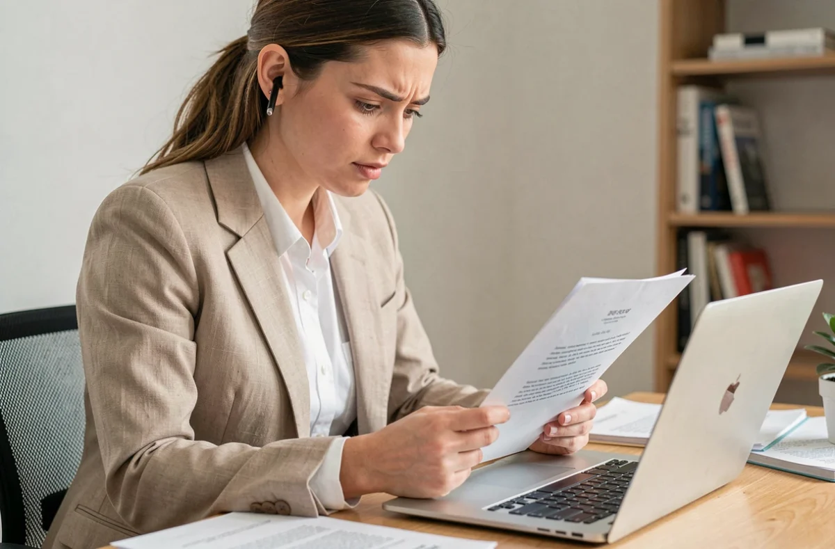 Jeune femme relisant attentivement une lettre formelle destinée au préfet depuis son bureau à domicile